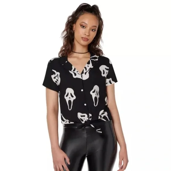Ghost Face Button Up Tie Down Top Medium - Picture 2 of 3